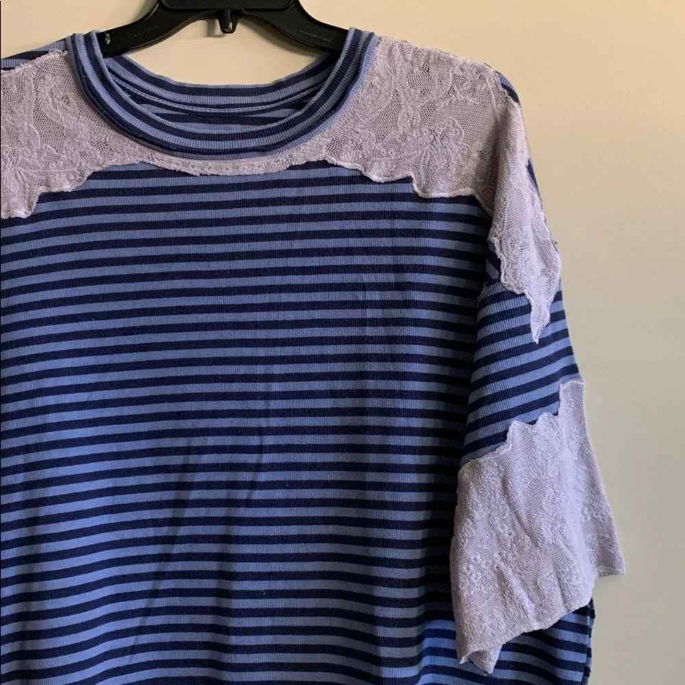 FREE PEOPLE Oversized Striped Lace Top NWT Navy Blue Periwinkle Lavender